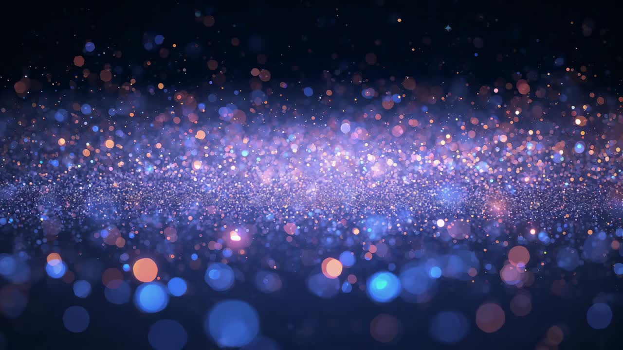 Fascia di glitter pulsanti e dischi bokeh che si spostano su uno sfondo scuro, illuminati da luci da studio che creano colore