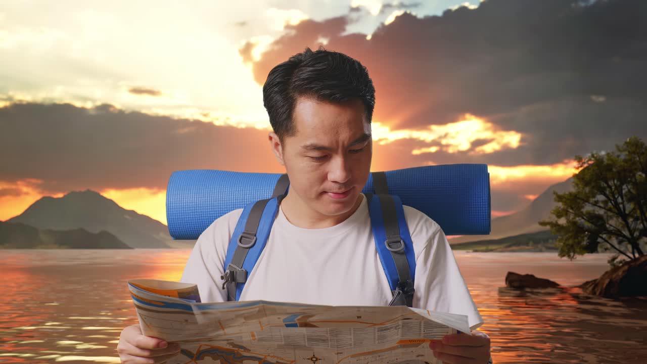 close up de un excursionista masculino asiático con una mochila de montañismo mirando el mapa y luego sonriendo a la cámara en un lago