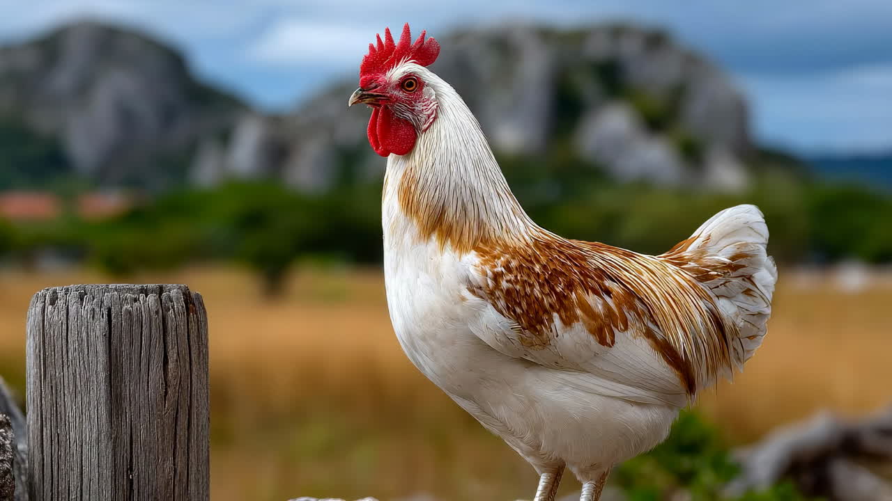 Cock stands proudly in a rural field. A beautiful rooster displays its vibrant feathers in a sunny field, surrounded by green hills and blue skies