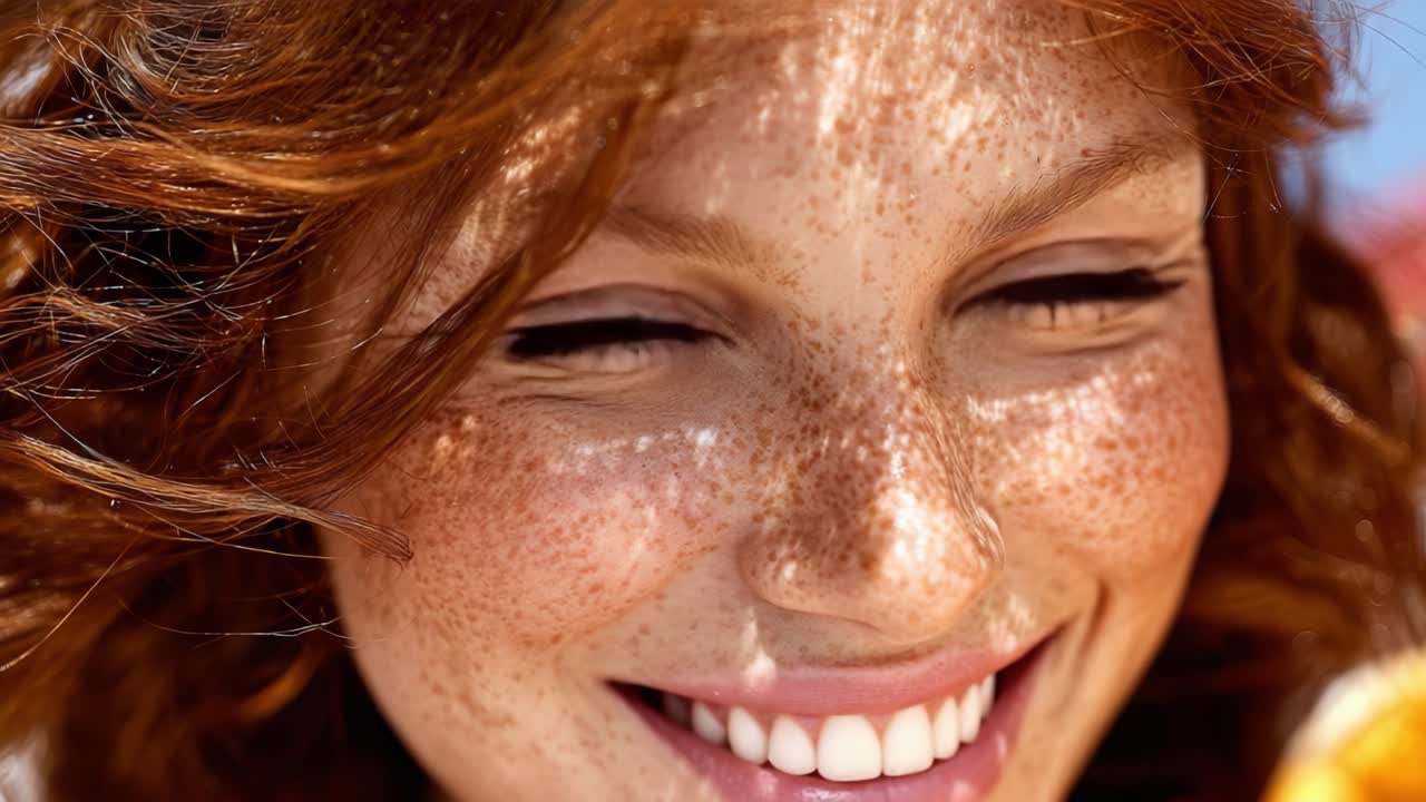Vibrant Portrait of a Young Woman with Freckles and Sun-Kissed Hair, Showcasing a Radiant Smile and Captivating Eyes in a Lively Outdoor Setting