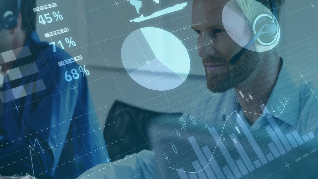 Animation of financial data processing over caucasian businessman using phone headset and computer