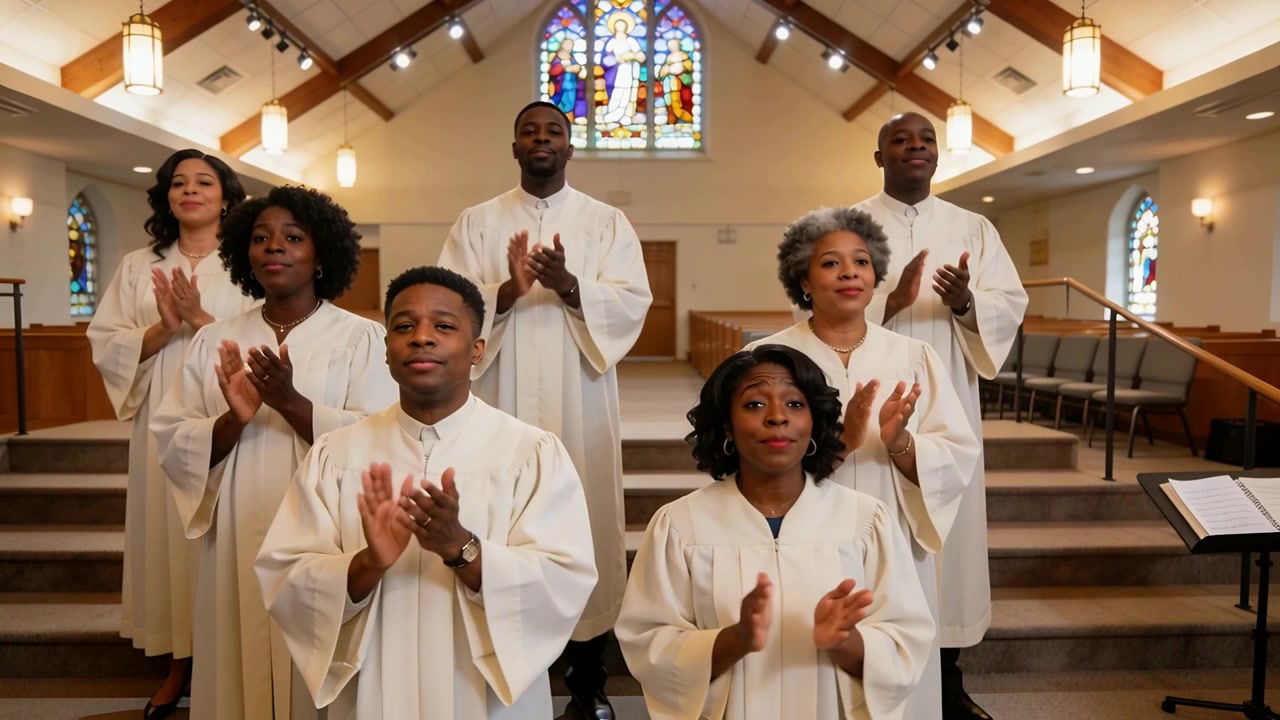 Cueing choir in white robes singing and clapping on church steps with stained-glass for worship