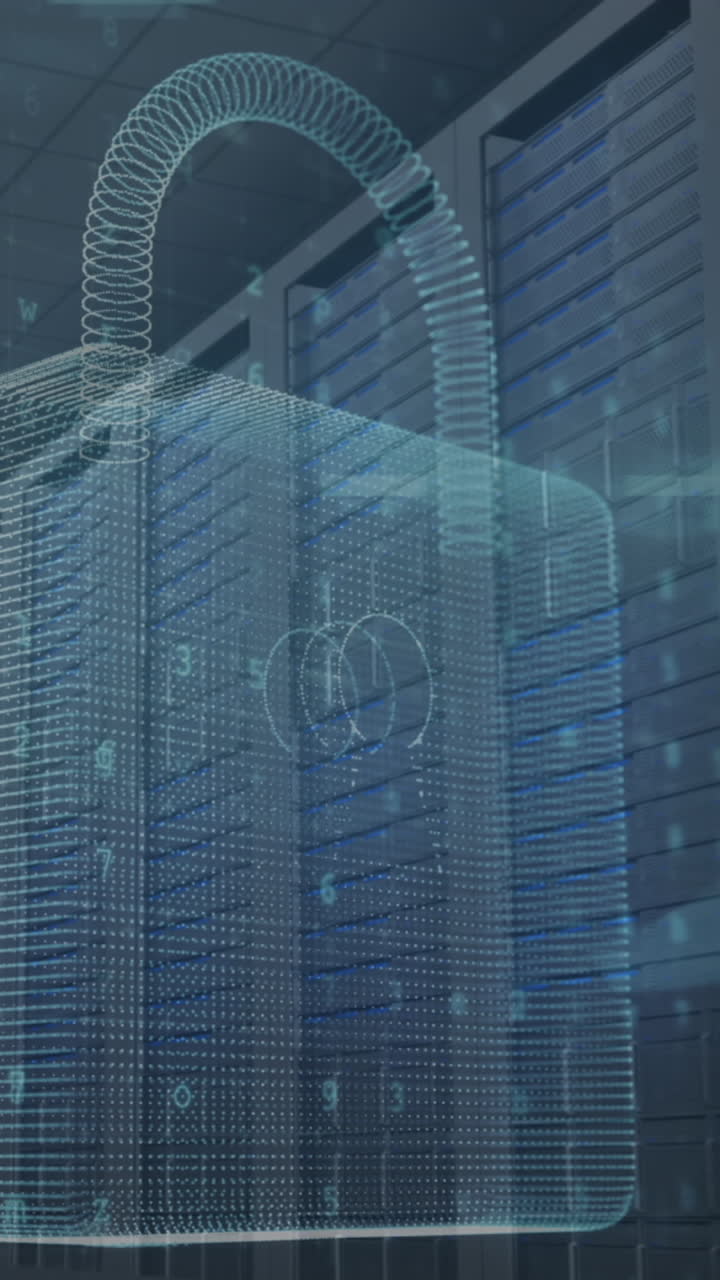 Animation of cyber attack warning and padlock over server room