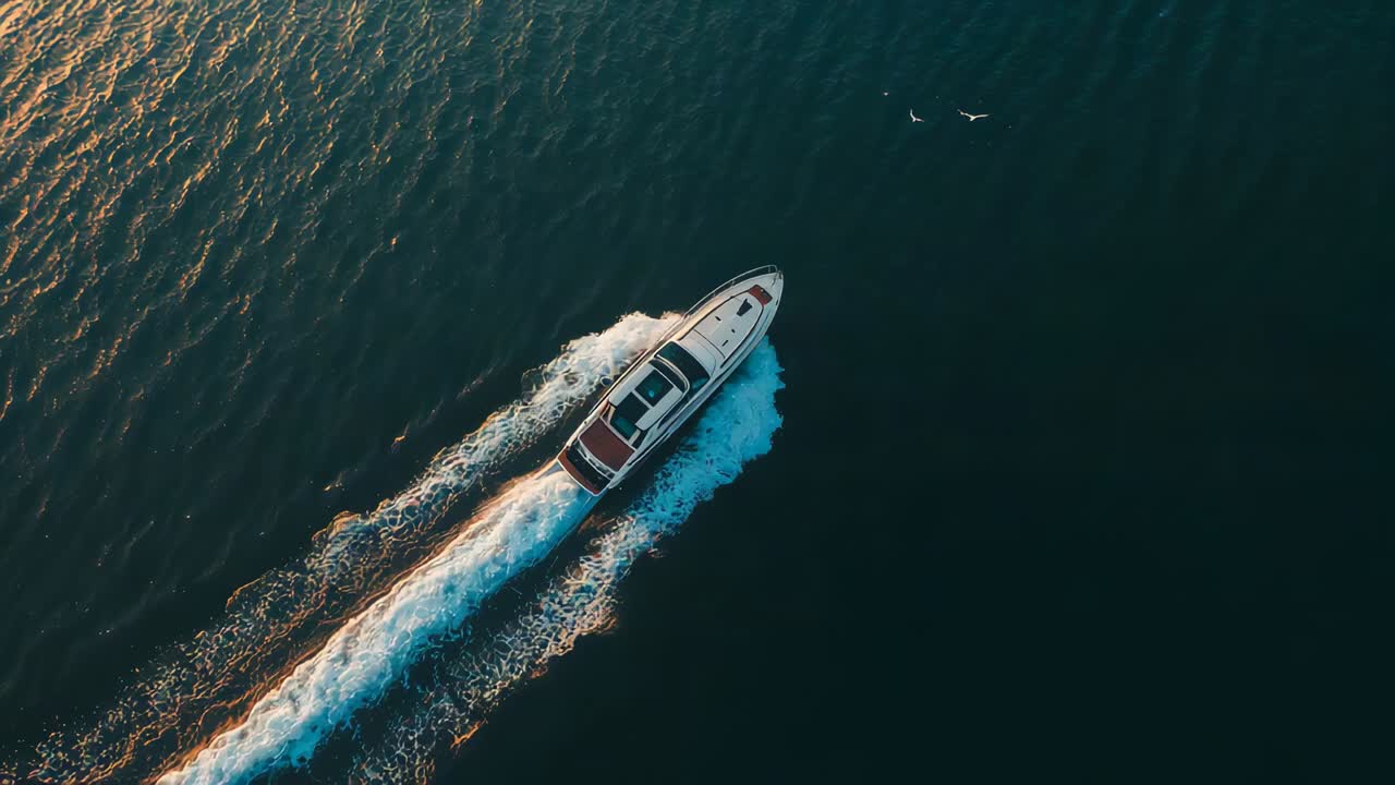 Aufheulender Motor, Motoryacht fährt in Richtung grasbewachsener Küstenlinie im Sonnenuntergang und passiert Ballons und Vögel