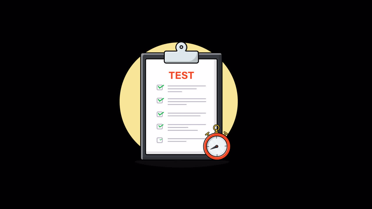 Animated Checklist on Clipboard with Stopwatch for Test Completion