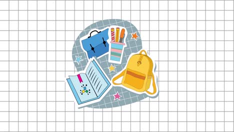 animation of book, bag, pencils, bag on abstract pattern over grid pattern against white background