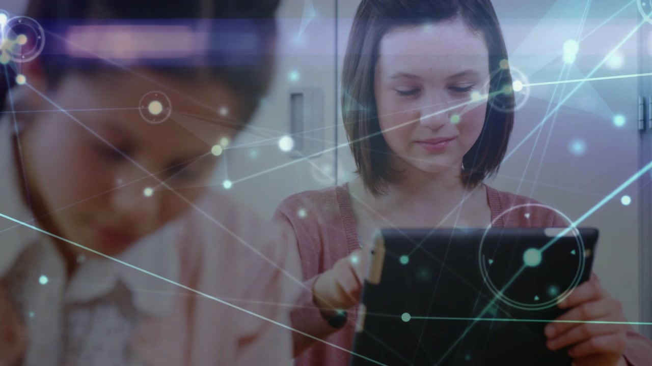 Young Girl Using Digital Tablet with Network Overlay