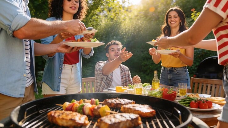 Grill sizzling, man in plaid grabbing tongs, placing steaks on plates, serving friends at backyard