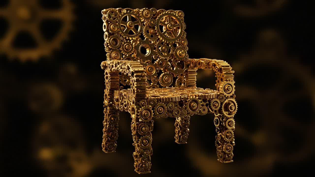 Intricate Steampunk Chair Crafted from Interlocking Gears and Mechanisms, Showcasing a Unique Blend of Art and Engineering in a Golden Finish