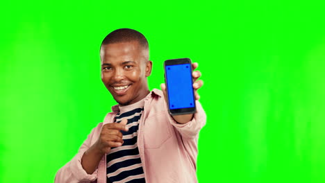 happy black man, phone and mockup on green screen