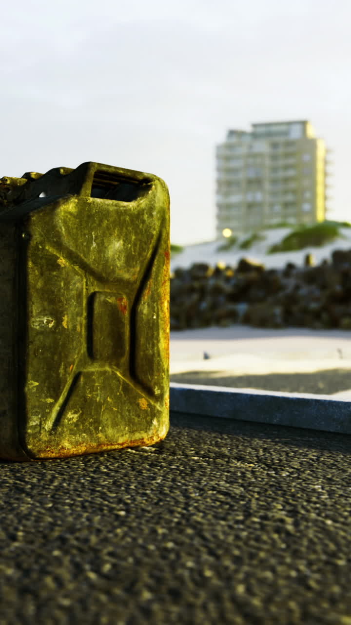 Old gas canister on deserted road near modern buildings at sunset