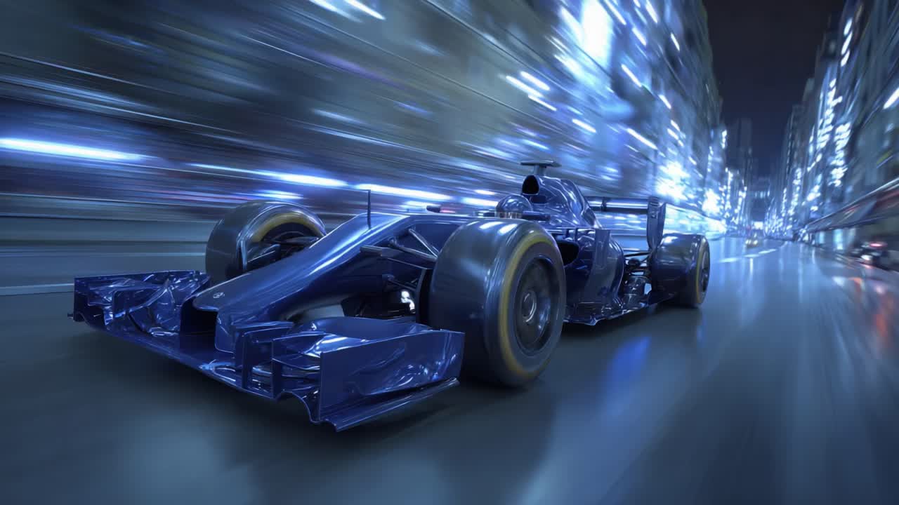 Dynamic Night Race Featuring a Sleek Sports Car in Motion Amidst Urban Lights and Reflections, Capturing the Thrill of Speed and Performance