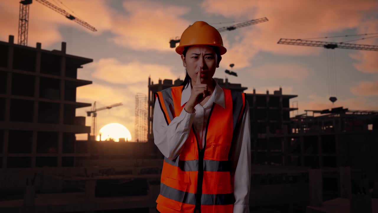 Asian Female Engineer With Safety Helmet Making Shh Gesture While Standing At Construction Site in Progress to New House