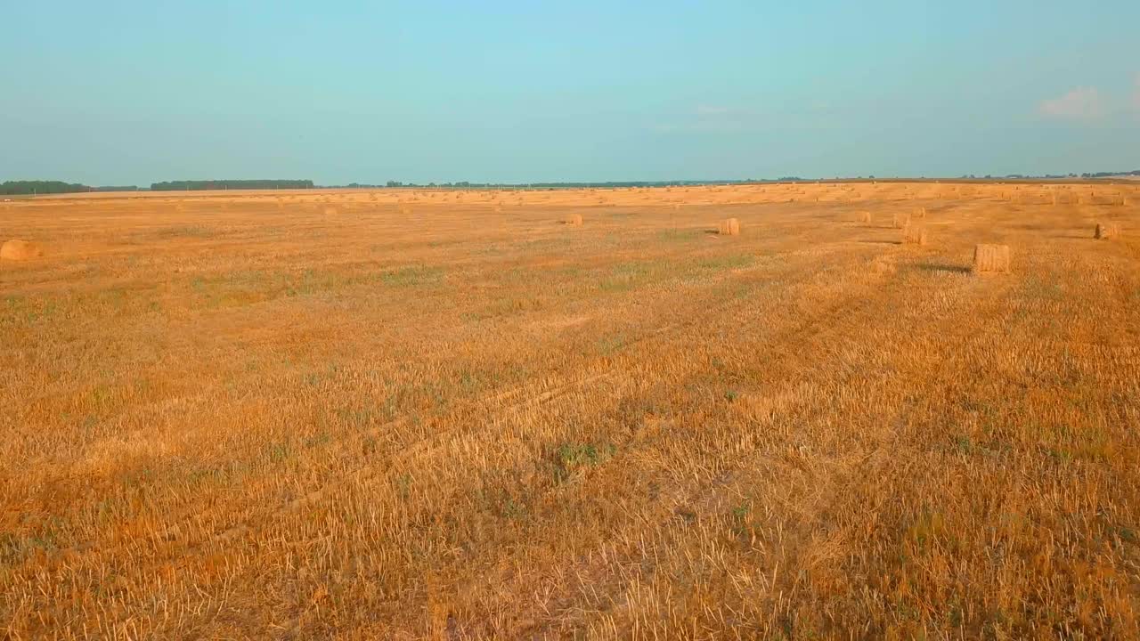 дрон летит над полем, где есть стопы сена с сена.