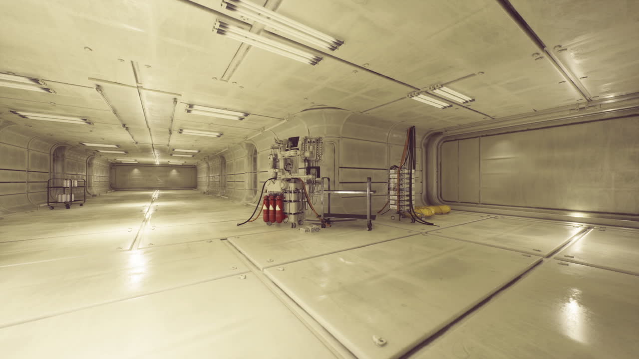 Vacant spaceship bay featuring reflective surfaces and lighting