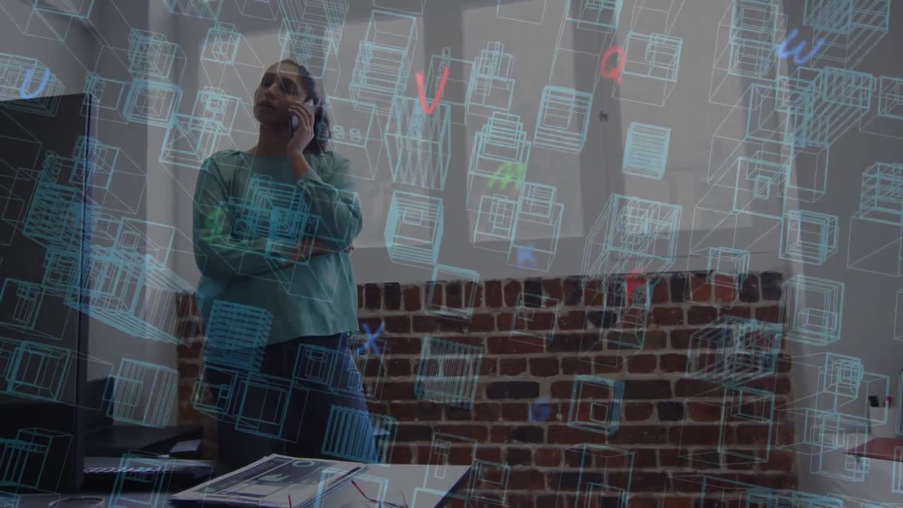 animación de una ciudad en 3d dibujada por una mujer de negocios usando un teléfono inteligente en la oficina