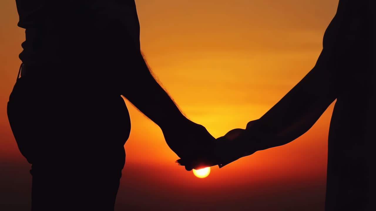 해가 지면 손을 잡고 있는 커플