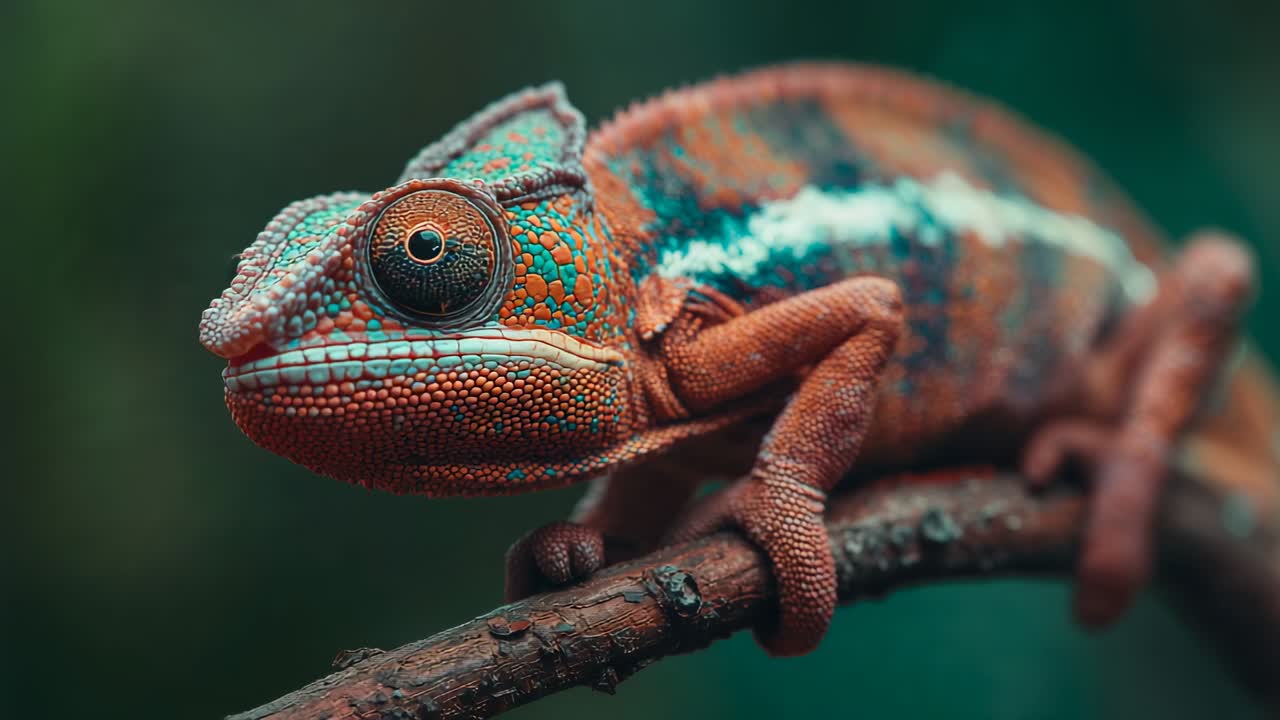 Registrazione di un camaleonte che inizia a scansionare l'habitat su un ramo stretto, mostrando squame di colore testurizzate
