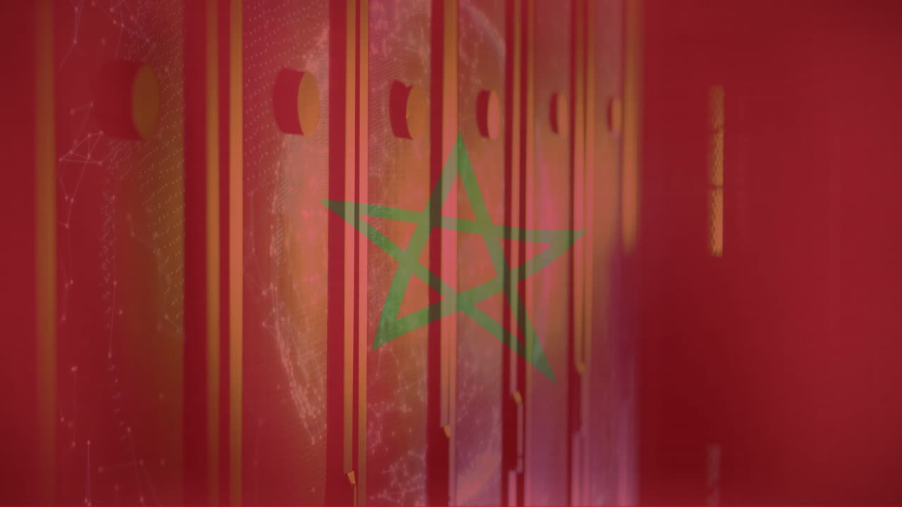 animación de la bandera de marruecos francés y procesamiento de datos digitales a través de servidores informáticos