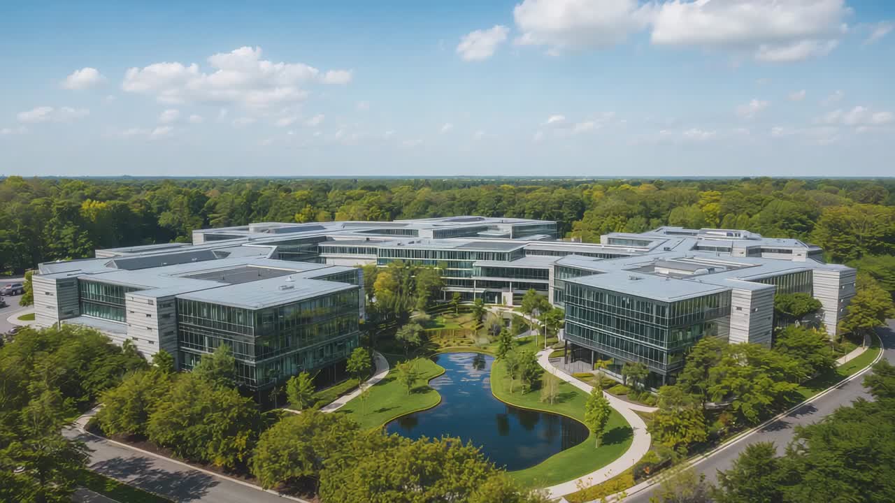 Panning drone moving forward for closer view, revealing multi-wing campus amid forest, pond visible