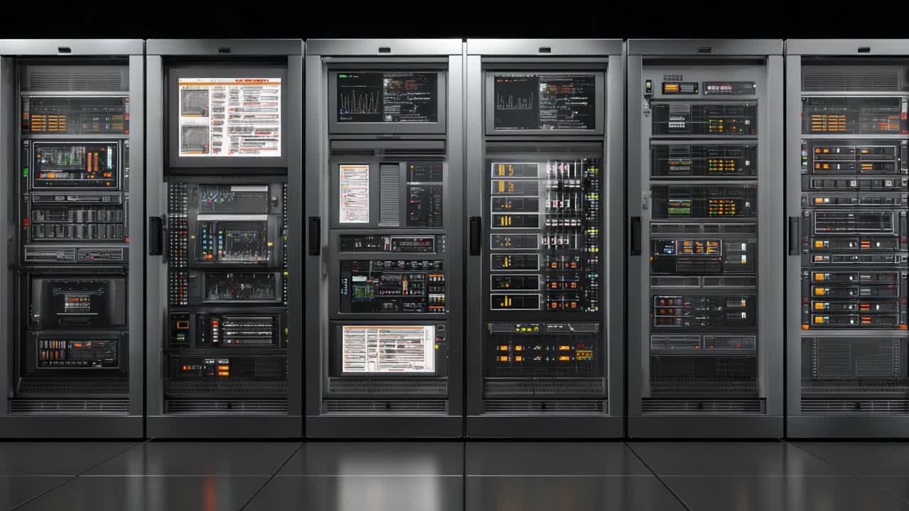 A Detailed Look at Advanced Server Racks Showcasing Complex Digital Architecture and High-Tech Equipment in a Modern Data Center Environment