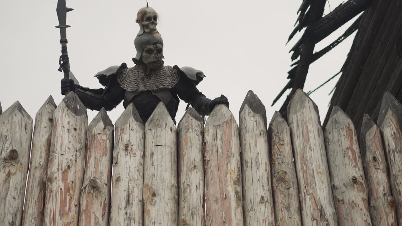 갑옷을 입은 남자가 불타버린 오두막 지붕 근처에 서있는 지역을 조사합니다.