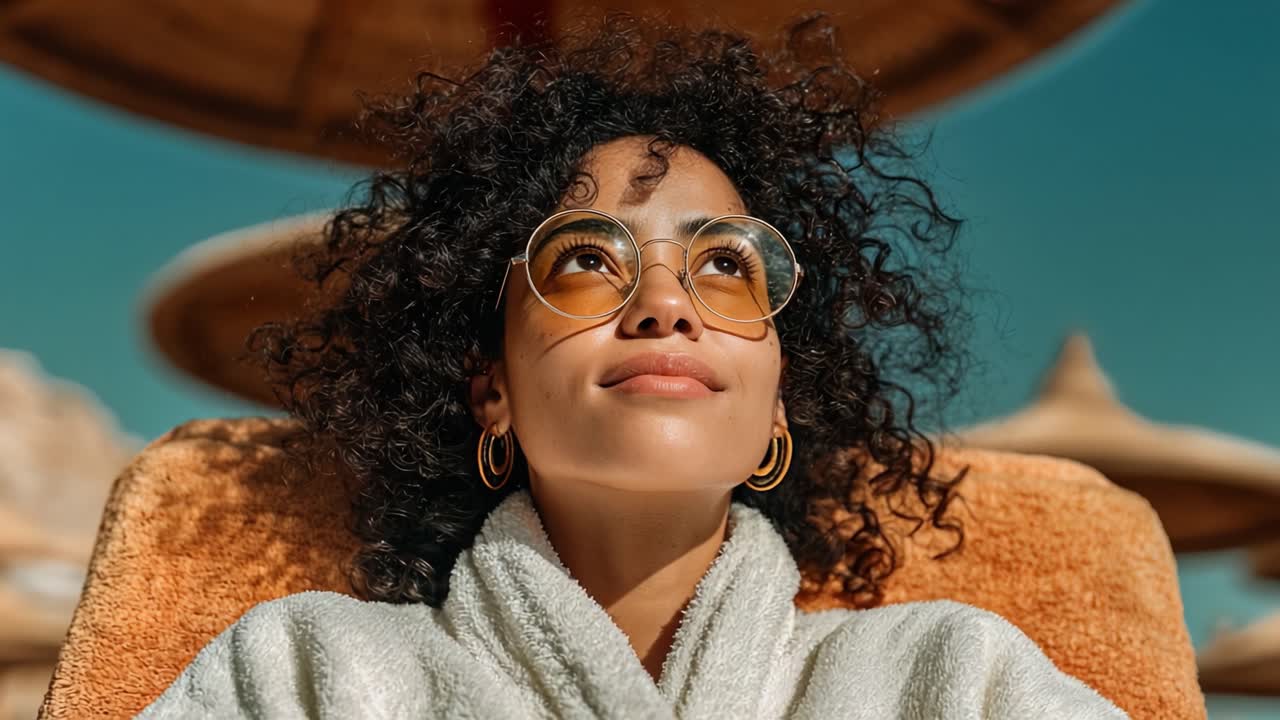 Joyful Relaxation: A Young Woman Unwinds Under the Sun, Embracing Serenity and Sunshine While Enjoying a Moment of Peace and Comfort in a Cozy Robe and Stylish Sunglasses