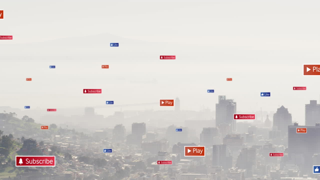 여러 소셜 미디어 아이콘의 애니메이션이 도시 풍경의 공중 전망에 대해 떠다니고 있습니다.