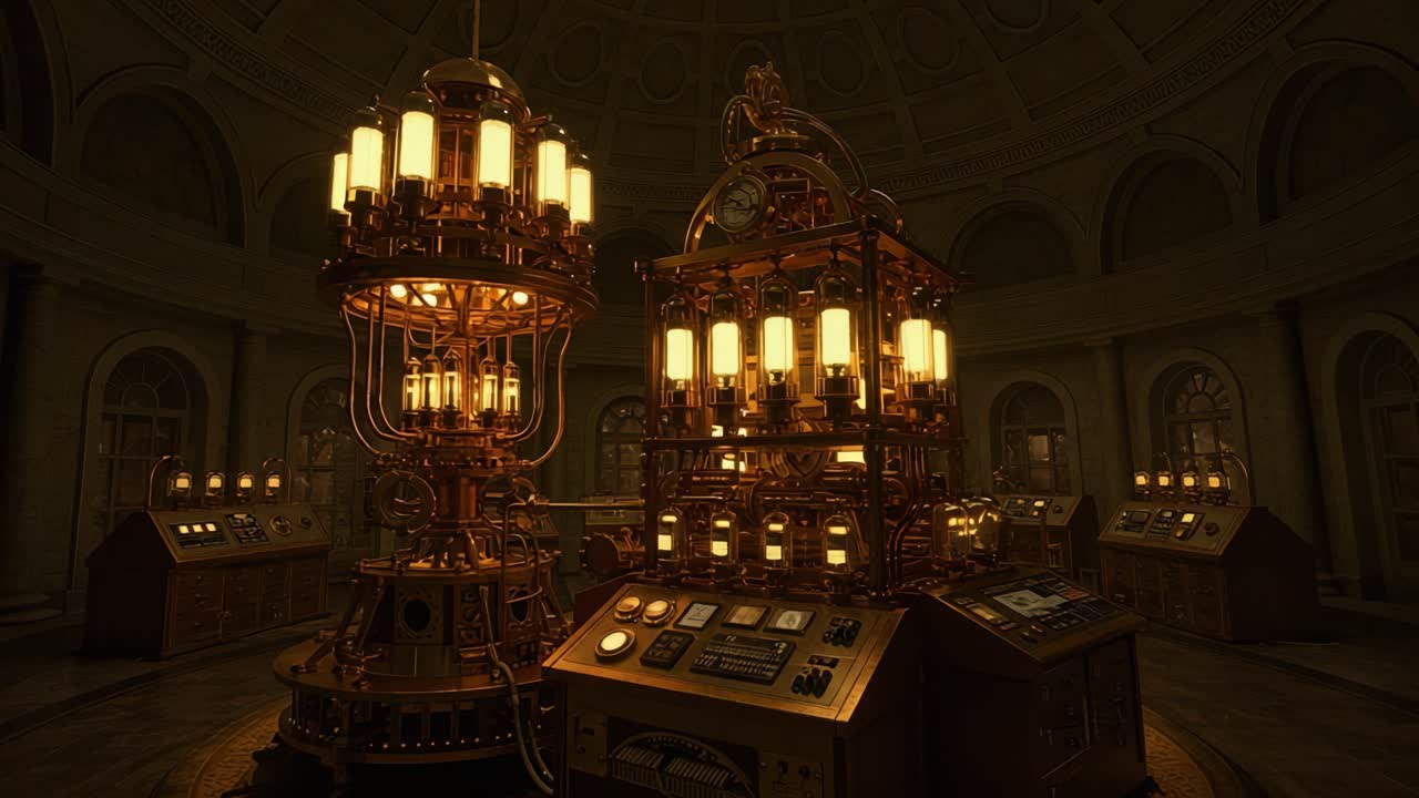 A stunning view of an intricate steampunk-inspired machinery setup, featuring glowing tubes and elaborate controls, in an atmospheric, dimly lit room adorned with classical architecture