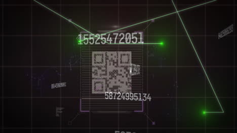 light trails and multiple changing numbers over qr code scanner against black background