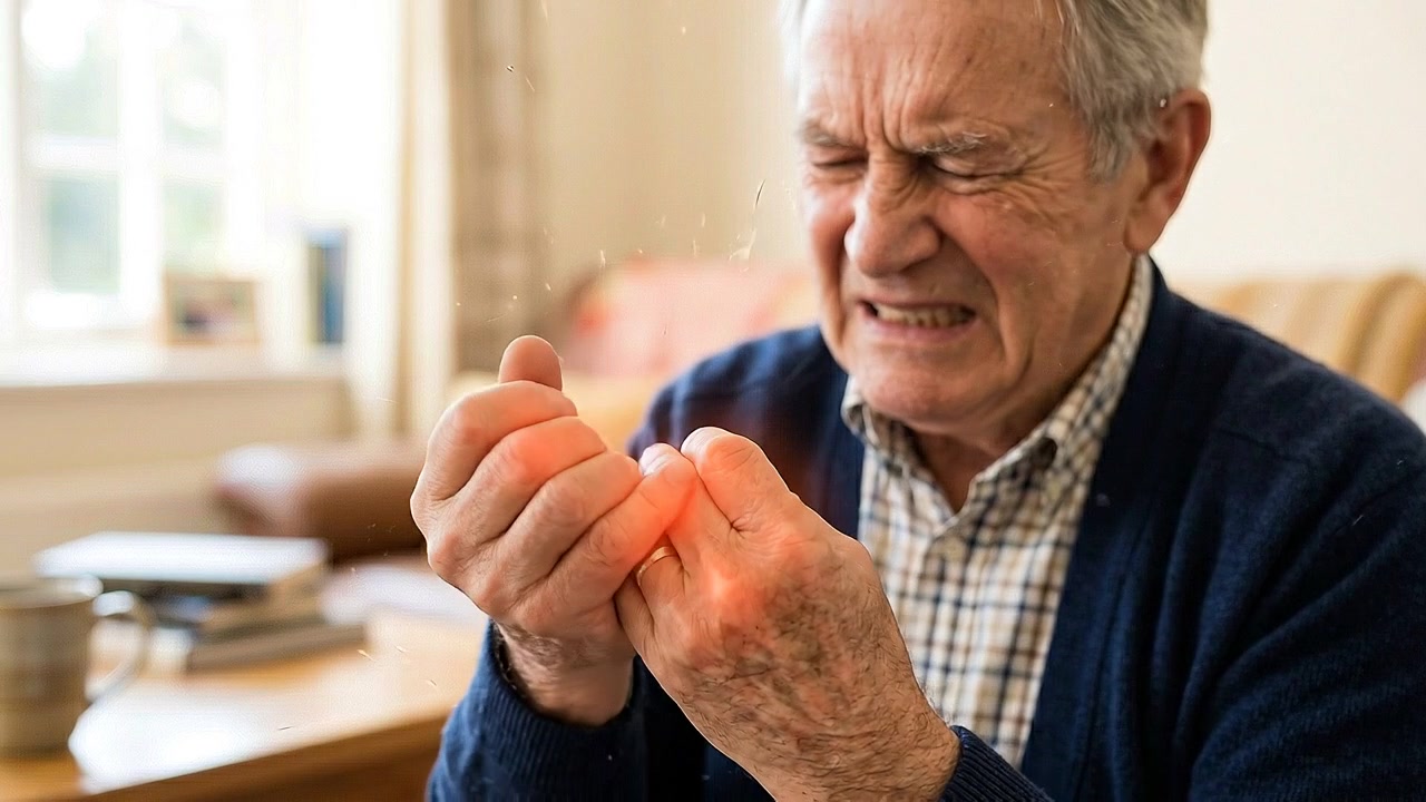 Elderly man rubbing painful wrist and hand inside bright home in medical view