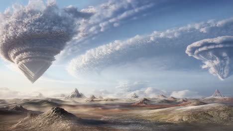 surreal alien landscape with inverted pyramid clouds