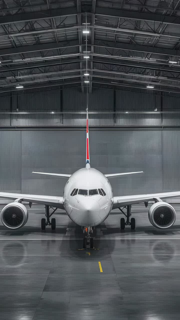 Vertical video: Lights dimming, camera zooming to twinjet in hangar showing nose-light reflection