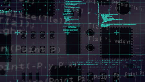 Animation of data processing over grid network against close up of a motherboard