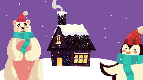 happy merry christmas animation with bear and penguin wearing santa hats in snowscape