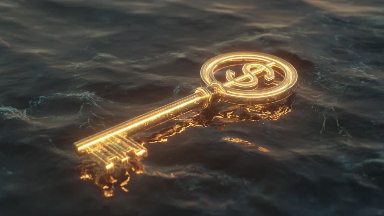 Shiny gold key with a dollar sign floating on the surface of calm, dark water, symbolizing wealth, financial success, and unlocking economic potential with its warm, glowing reflection