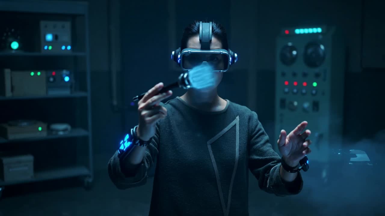 Raising hands, Asian engineer in dark sweater refining holo islands in lab with visor stylus