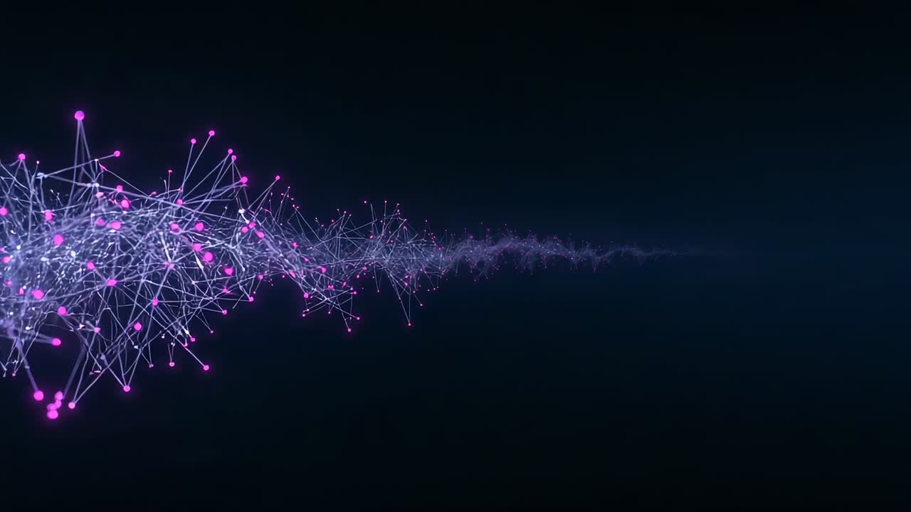 Igniting magenta nodes pulsing and shifting mesh toward right in navy-blue visual space, copy space
