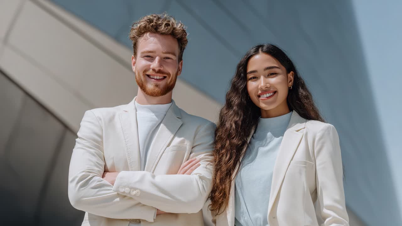 Confident Business Partners Showcase Professional Style While Posing Together in Modern Urban Setting Under Bright Daylight, Exuding Positivity and Team Spirit