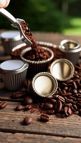 preparing coffee with metal containers and coffee beans