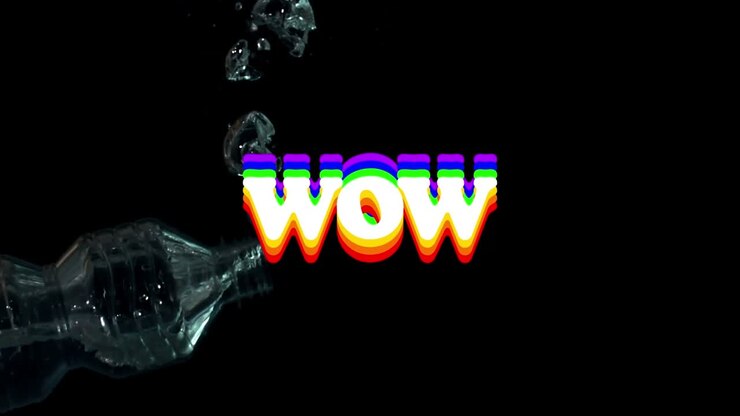 Animation of wow text over bottle and bubbles