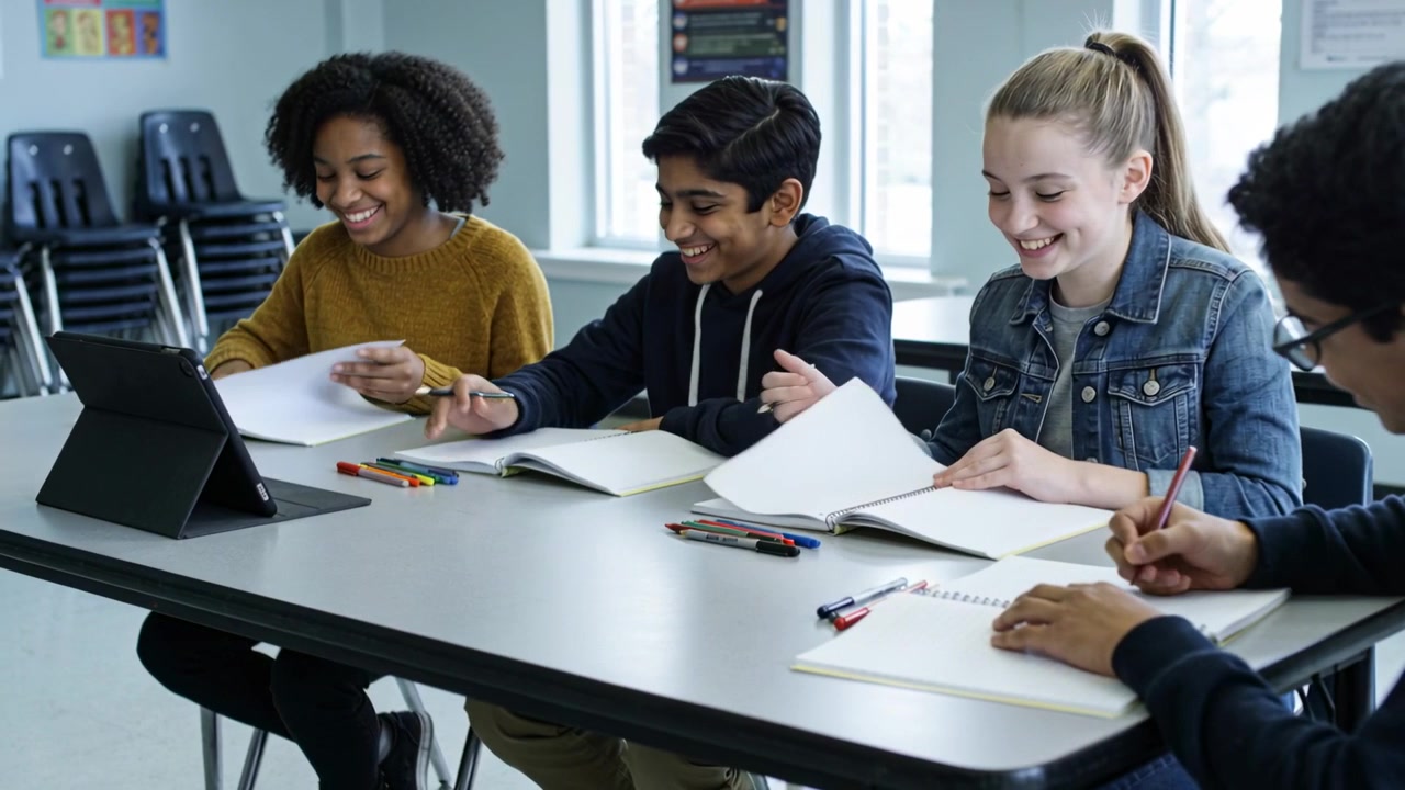 Smiling peers in denim at school seeing tablet, flipping notebooks, writing for class with pencils