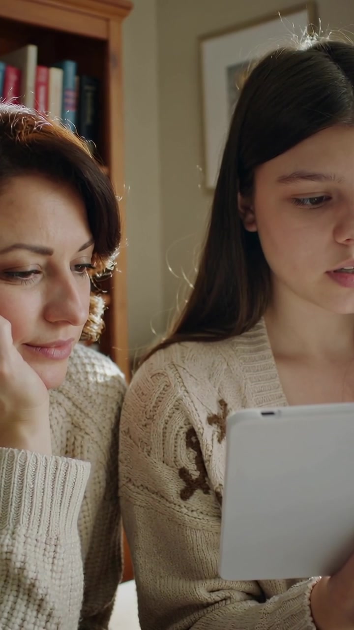 Vertical video: Starting to read together, mom and teen on couch with white tablet, in light knits