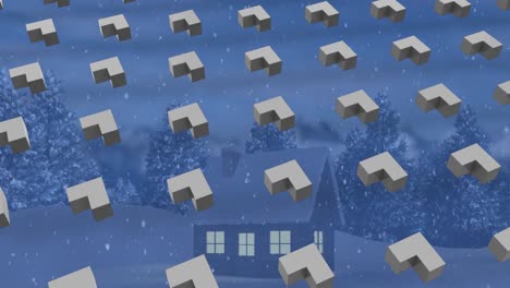 animation of rows of abstract shapes pattern and christmas snow falling over winter scenery