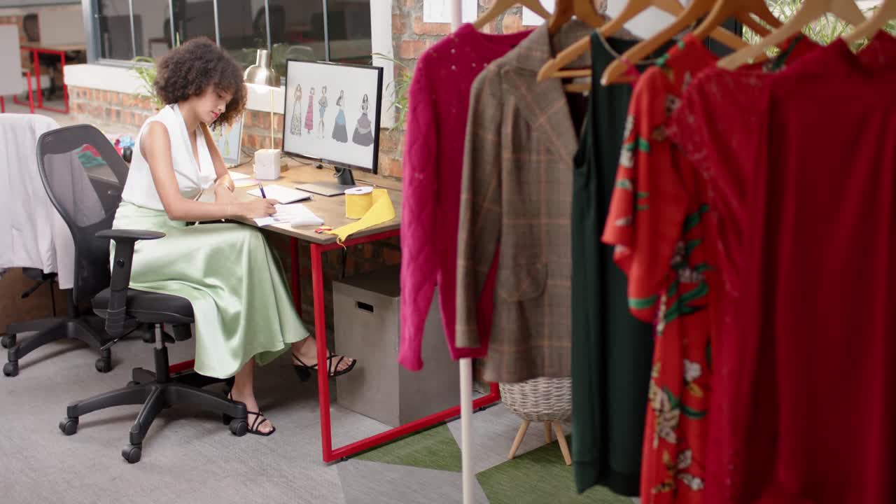 feliz diseñadora biracial usando computadora y tomando notas en el estudio de moda, en cámara lenta