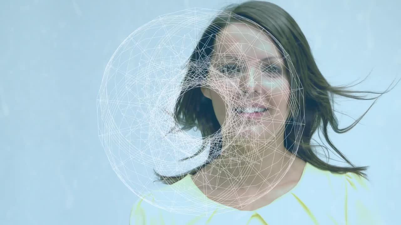 globo de red de conexiones contra el retrato de una mujer caucásica contra un fondo gris