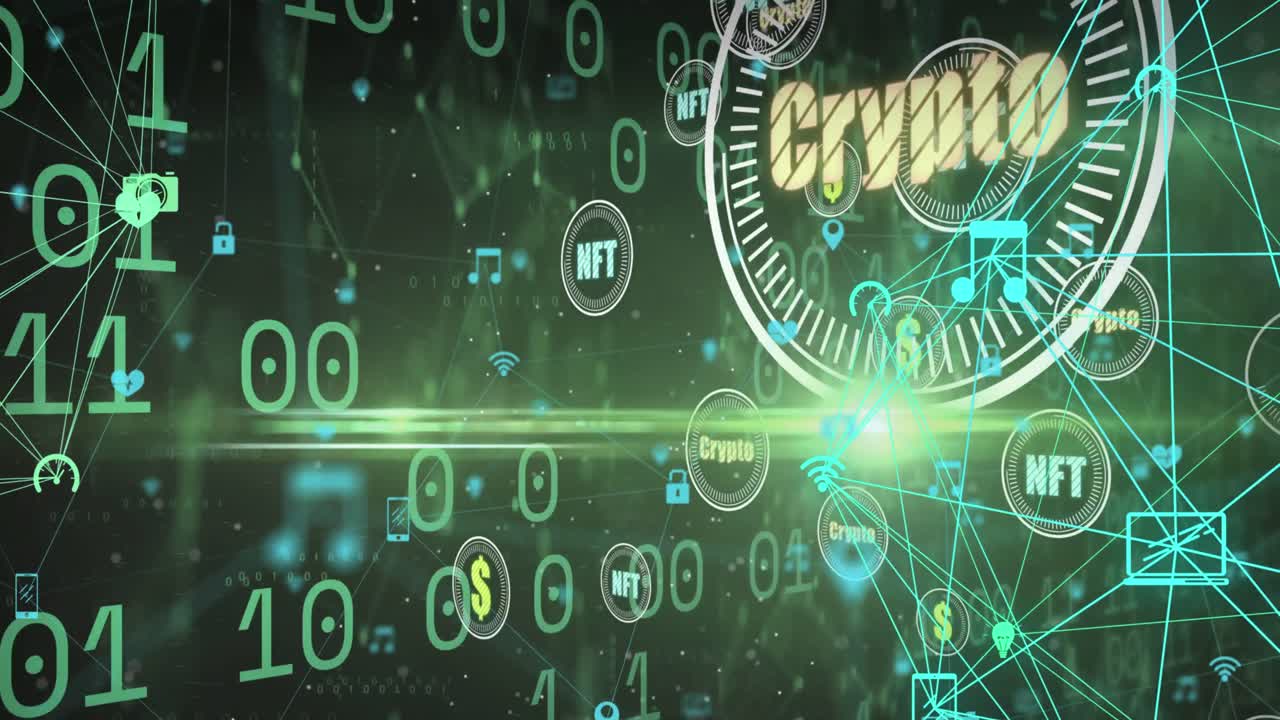 바이너리 코딩과 암호 개념 아이콘이 녹색 배경의 디지털 아이콘 네트워크에 떠다니고 있습니다.