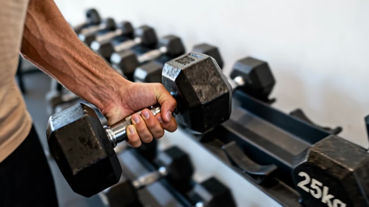 Reaching lifter's bare forearm and hand gripping 25kg hex dumbbell from gym rack for workout