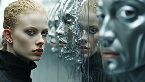 reflection of humanity in a futuristic setting with a model