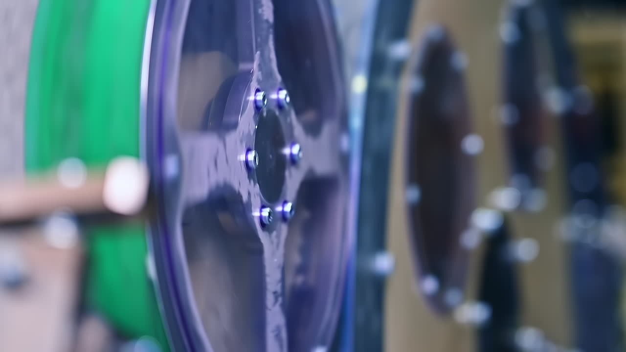 Two big reels rotating in diaper manufacturing company. Reels turning side by side. Close up.